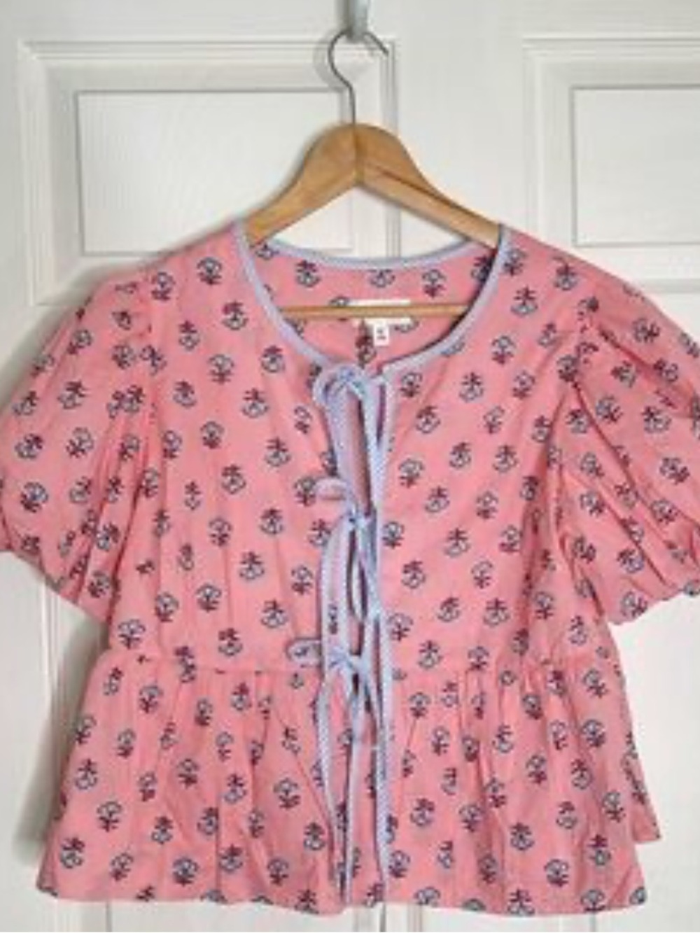 Impressions Pink Floral Tie-Front Blouse with Blue Trim
